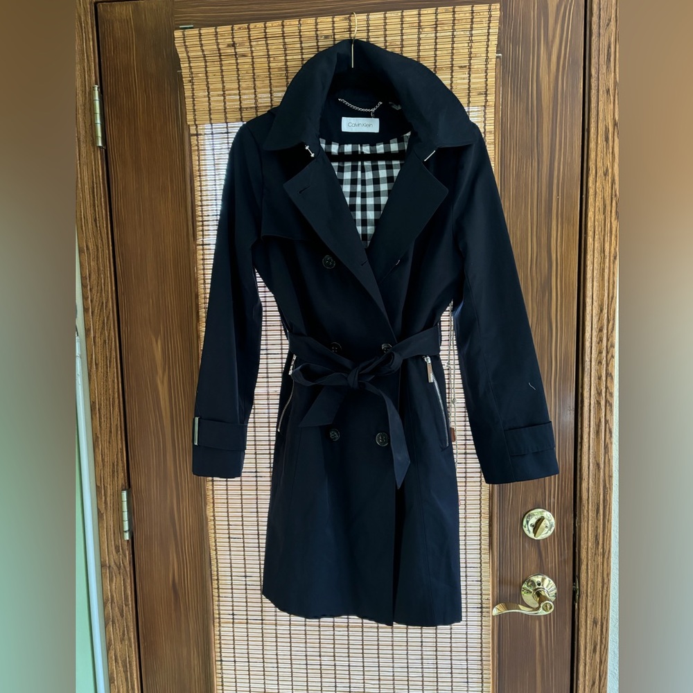 Calvin Klein navy blue trench style, hooded coat size medium